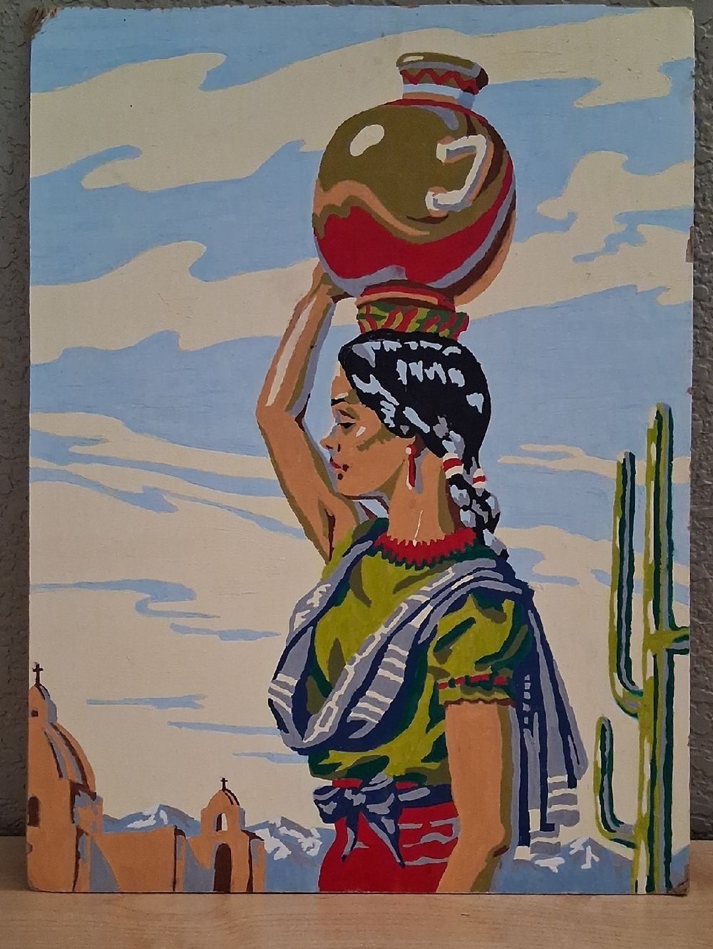 Vintage Paint By Number Lady with Water Jug Folk Art
